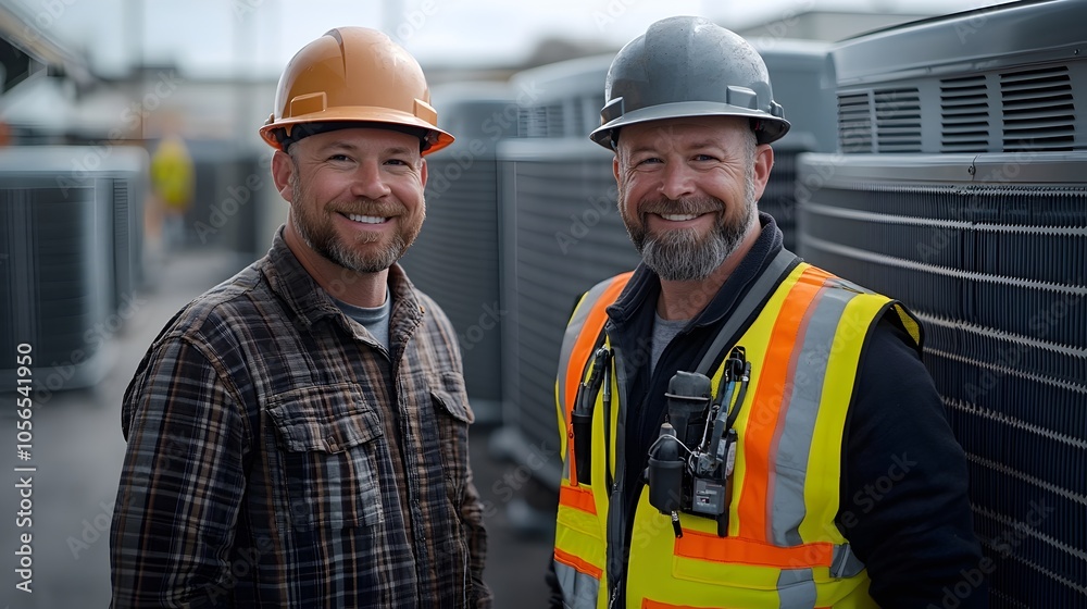 HVAC technicians in hard hats and reflective vests beside large air conditioning units on a rooftop. HVAC technicians by rooftop air conditioning units HVAC technicians in hard hats and reflective vests beside large air conditioning units on a rooftop. HVAC technicians by rooftop air conditioning units