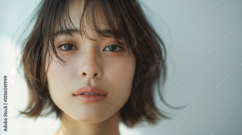 Photo of a beautiful Japanese woman with a bob cut hairstyle and simple background. Photo of a beautiful Japanese woman with a bob cut hairstyle and simple background.
