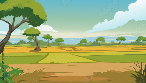 Vector illustration of a rural landscape with paddy fields and trees.
