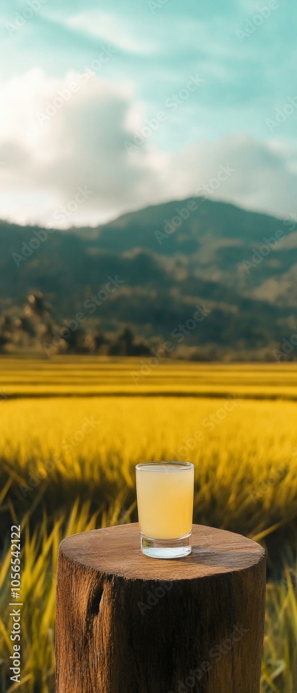 Obraz premium Tranquil Rice Field with Drink on Wooden Post Against Mountain Backdrop