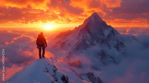 climbers reaching the summit of a snow-capped mountain at sunrise, with clouds below and dramatic peaks in the distance. climbers reaching mountain summit at sunrise photo