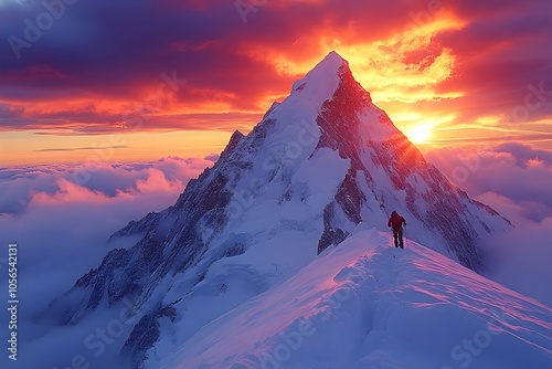 climbers reaching the summit of a snow-capped mountain at sunrise, with clouds below and dramatic peaks in the distance. climbers reaching mountain summit at sunrise photo