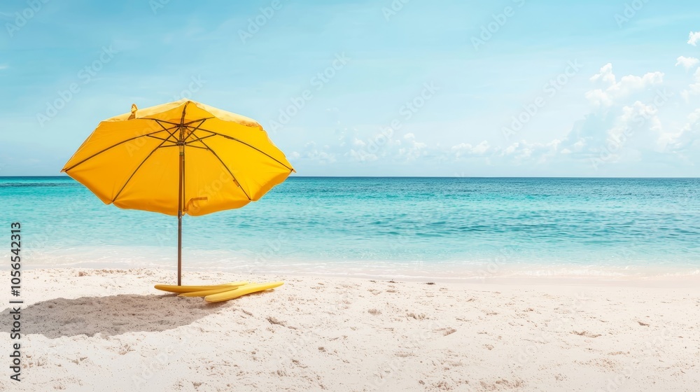 Yellow Beach Umbrella on White Sand Beach with Blue Ocean and Sky