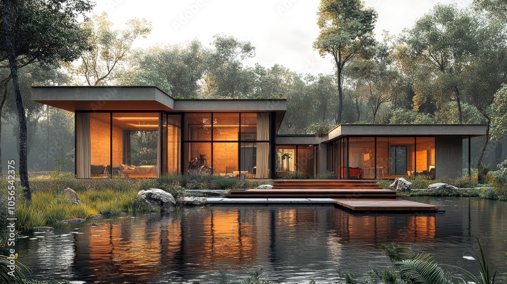 Modern house surrounded by nature with a serene pond. Modern house surrounded by nature with a serene pond.