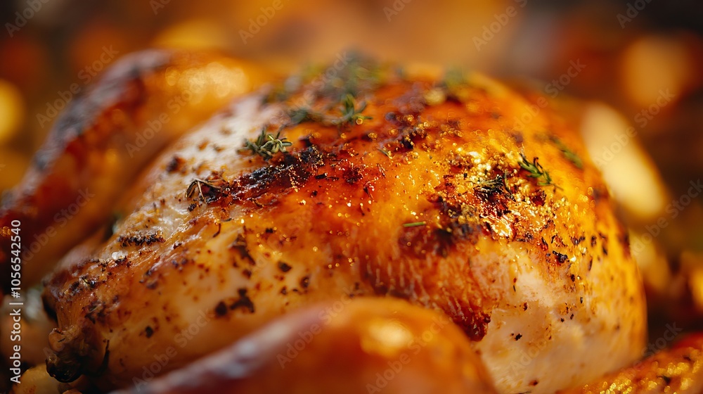 Macro shot of a roasted turkey with crispy, golden-brown skin. Macro shot of a roasted turkey with crispy, golden-brown skin.