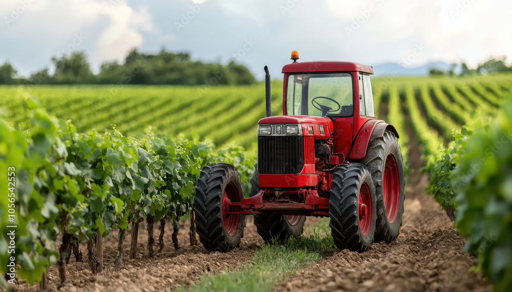 Red tractor working in lush vineyard under a cloudy sky. Red tractor working in lush vineyard under a cloudy sky.