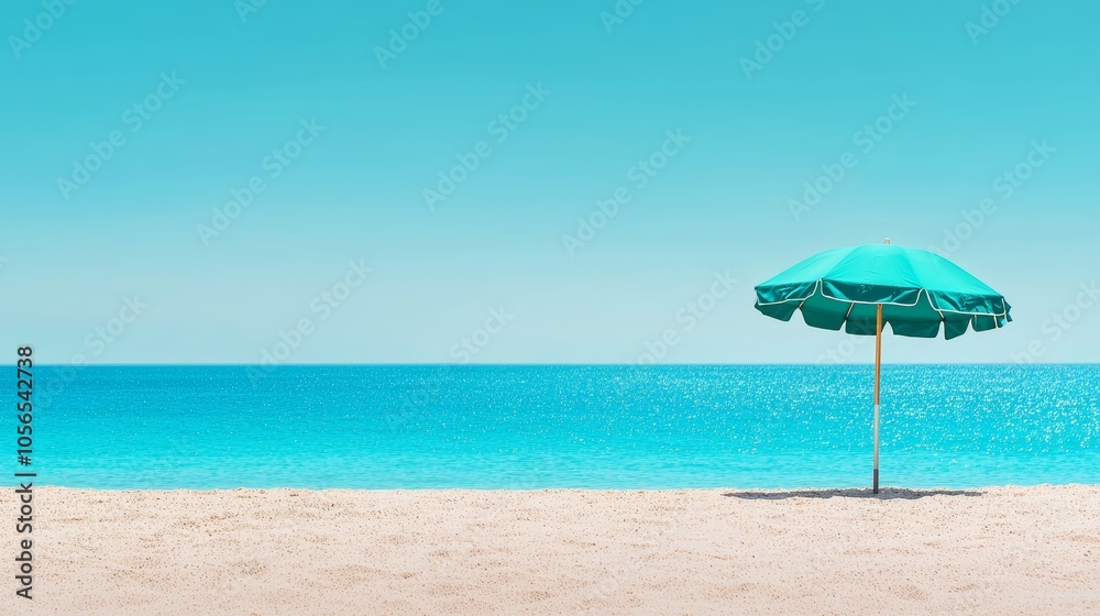 Beach Umbrella on Sandy Shore with Blue Ocean and Clear Sky Beach Umbrella on Sandy Shore with Blue Ocean and Clear Sky