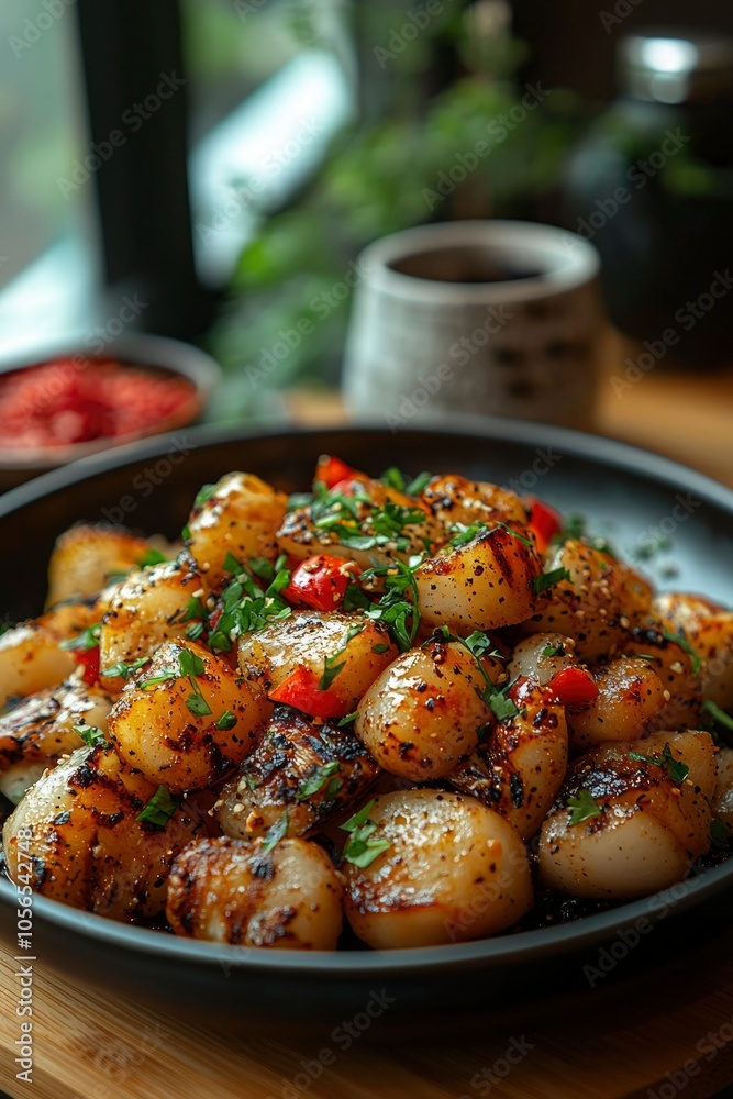 Close-up of Grilled Scallops with Herbs and Spices on a Black Plate Close-up of Grilled Scallops with Herbs and Spices on a Black Plate