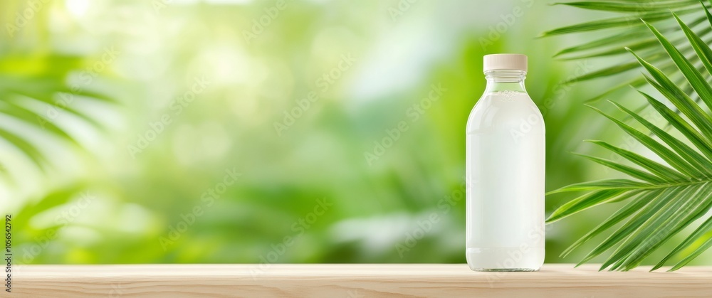 Eco-Friendly Beverage Bottle on Wooden Table Amidst Lush Greenery Eco-Friendly Beverage Bottle on Wooden Table Amidst Lush Greenery