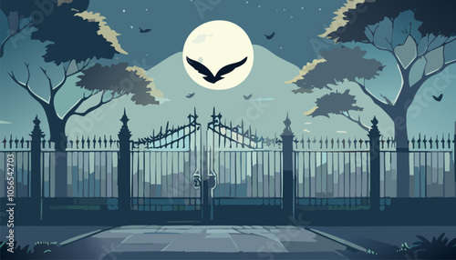 Vector illustration of a gate with fence in the park at night with birds.