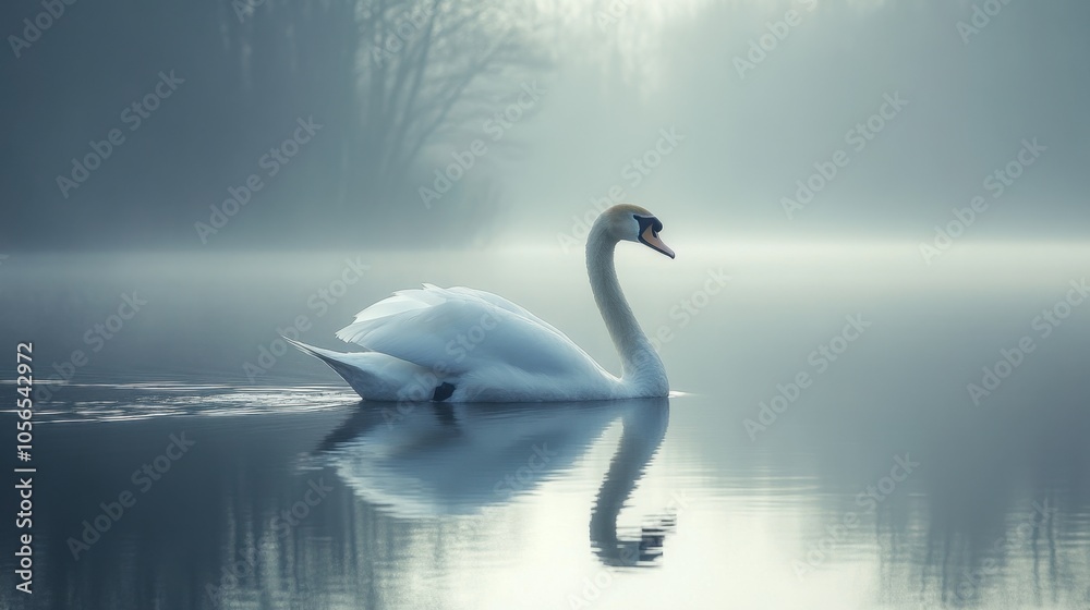 Fototapeta premium Elegant swan gliding across a misty lake at dawn