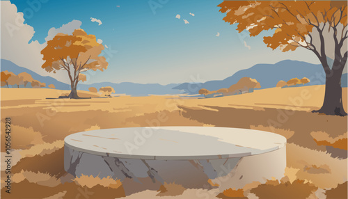 Autumn landscape with round podium and trees. Vector cartoon illustration.