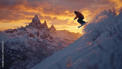 Fototapeta Naklejka Na Ścianę i Meble -  A snowboarder performing an impressive jump against a breathtaking sunset backdrop in a snowy mountain landscape, capturing the thrill of winter sports and adventure.