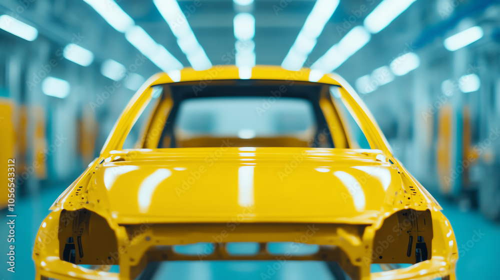 Front view of a yellow car body in a modern manufacturing facility, showcasing advanced production techniques and vibrant colors. Front view of a yellow car body in a modern manufacturing facility, showcasing advanced production techniques and vibrant colors.