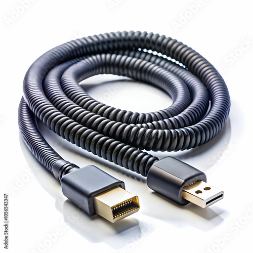 A neatly coiled HDMI cable and a USB-C cable are positioned photo