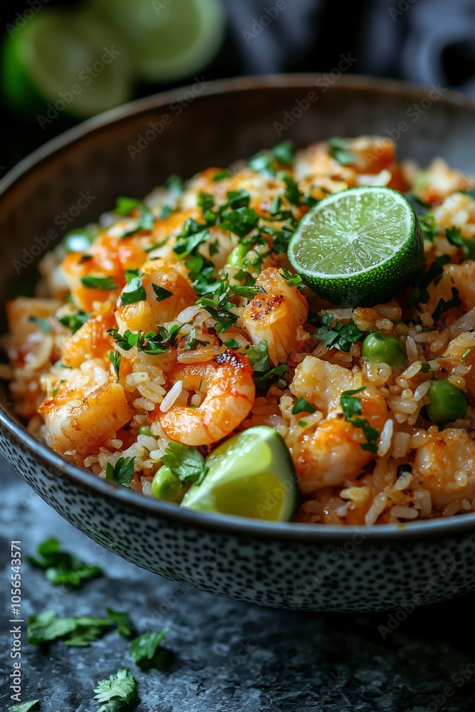 Shrimp Fried Rice with Lime Wedges and Parsley Garnish Shrimp Fried Rice with Lime Wedges and Parsley Garnish