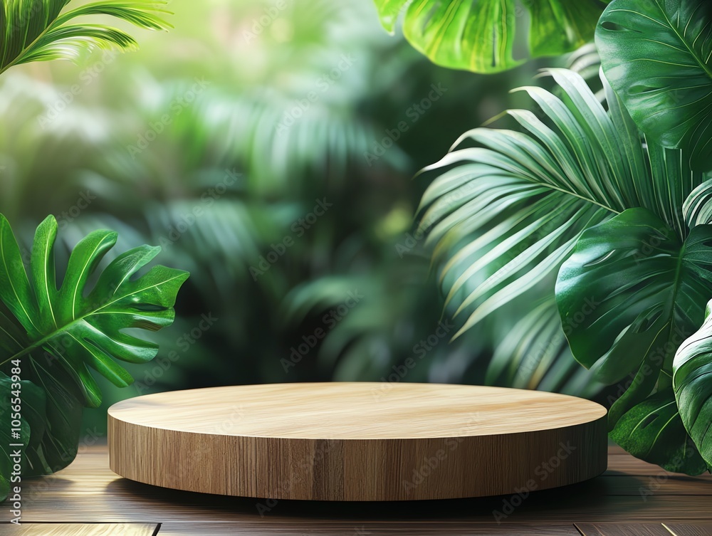 A round wooden podium in a tropical jungle setting with lush foliage and sunlight filtering through the leaves. A round wooden podium in a tropical jungle setting with lush foliage and sunlight filtering through the leaves.