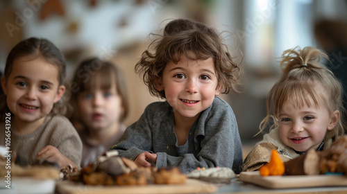 Children working on crafts, happy children, Daycare concept.