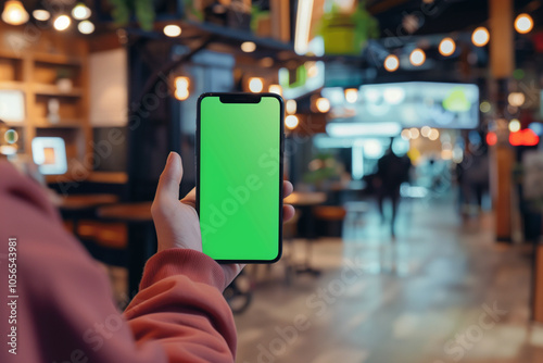  Young man showcasing a smartphone with a green chroma key screen in a café