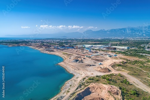 Aerial view of a construction site on a coastline with mountains in the distance.