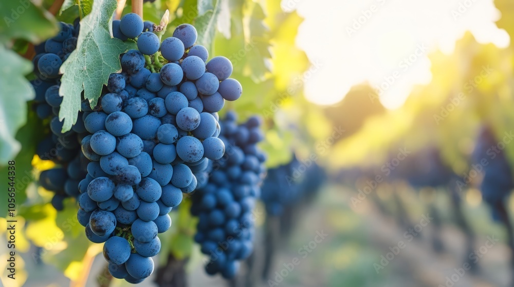 Obraz premium Closeup of ripe, luscious grapes hanging on a vine, glistening under the sunlight in picturesque vineyard