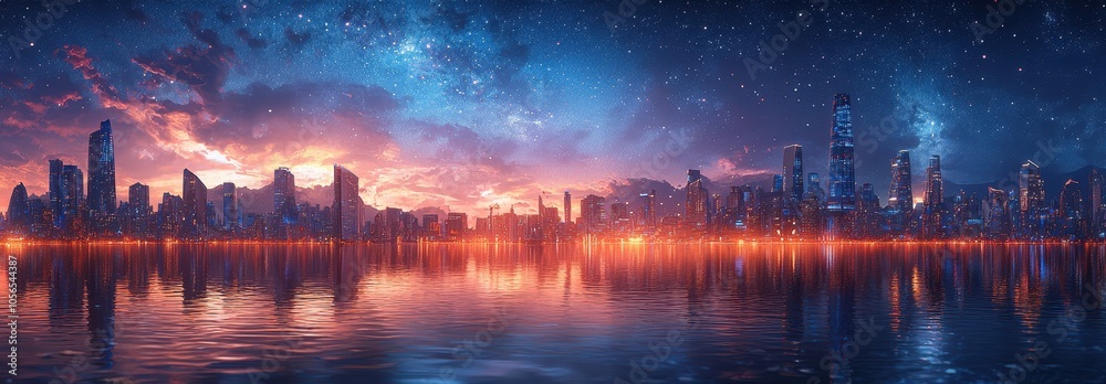 Stunning panoramic view of a vibrant city skyline at dusk, reflecting colorful lights on the water, with dramatic clouds and a starry sky creating a magical atmosphere. Stunning panoramic view of a vibrant city skyline at dusk, reflecting colorful lights on the water, with dramatic clouds and a starry sky creating a magical atmosphere.