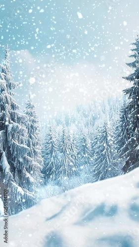 Serene Winter Wonderland with Snowy Evergreen Trees. Background. Seamless looping motion design. Video animation. A peaceful winter landscape featuring snow-covered evergreen trees photo