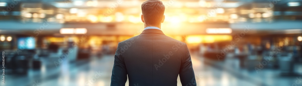 Fototapeta premium Ambitious businessman in a suit overlooking stunning cityscape. urban success, career, and city life.