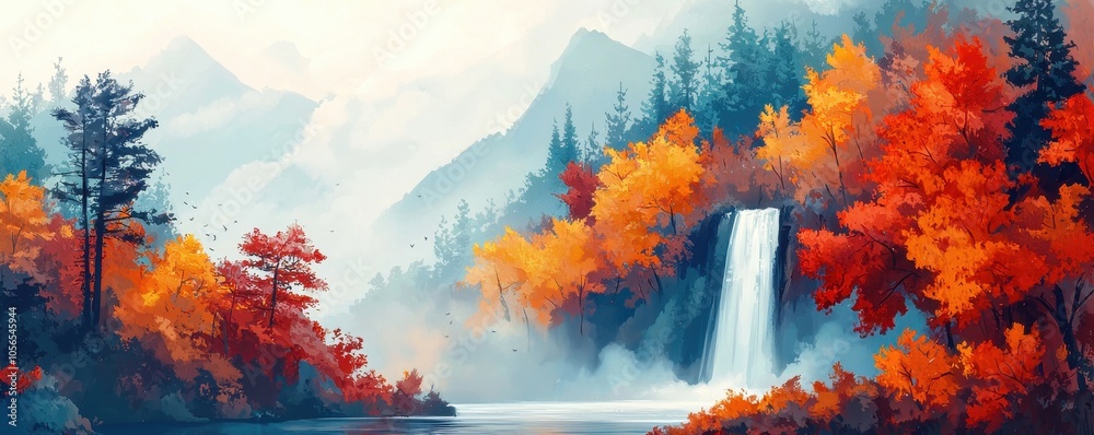 Fototapeta premium A serene landscape featuring a vibrant waterfall surrounded by colorful autumn foliage and distant mountains.
