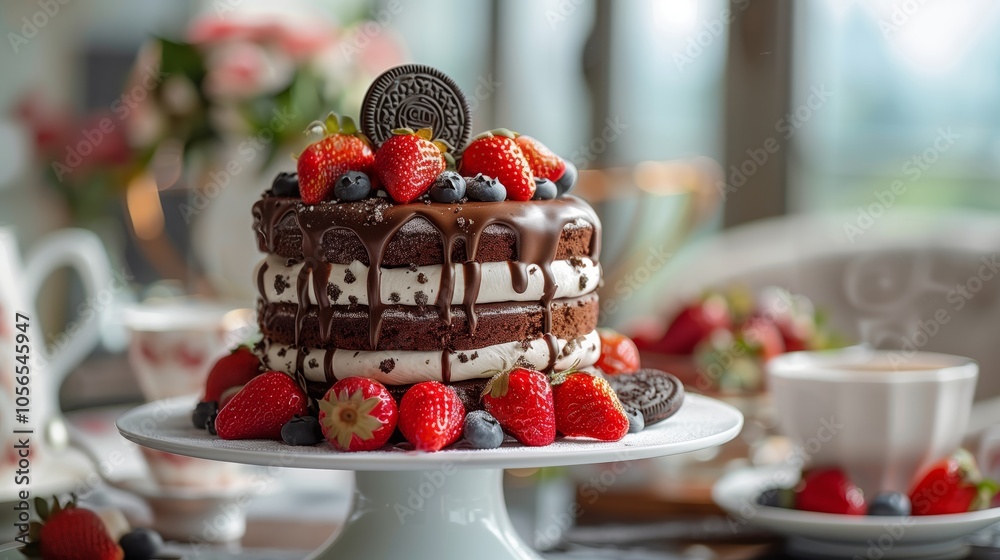 A delectable and visually appealing chocolate cake with Oreo cookies on top, surrounded by strawberries, set against the backdrop of an elegant tea table A delectable and visually appealing chocolate cake with Oreo cookies on top, surrounded by strawberries, set against the backdrop of an elegant tea table