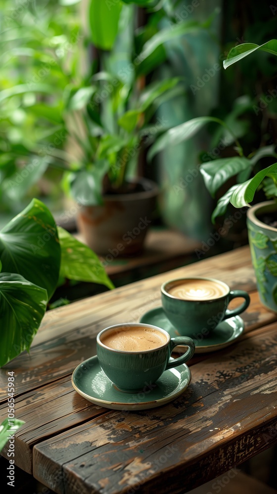 A cozy coffee shop scene with two cups of latte on an old wooden table surrounded by lush green plants, the rich texture and earthy tones creating a warm ambiance perfect for editorial photography A cozy coffee shop scene with two cups of latte on an old wooden table surrounded by lush green plants, the rich texture and earthy tones creating a warm ambiance perfect for editorial photography