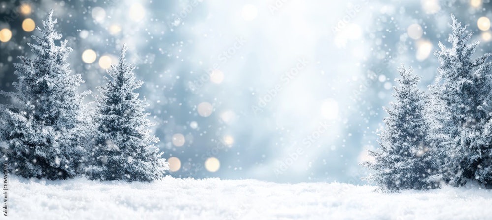 Snow trees with bokeh lighting in winter on a blurred background Snow trees with bokeh lighting in winter on a blurred background