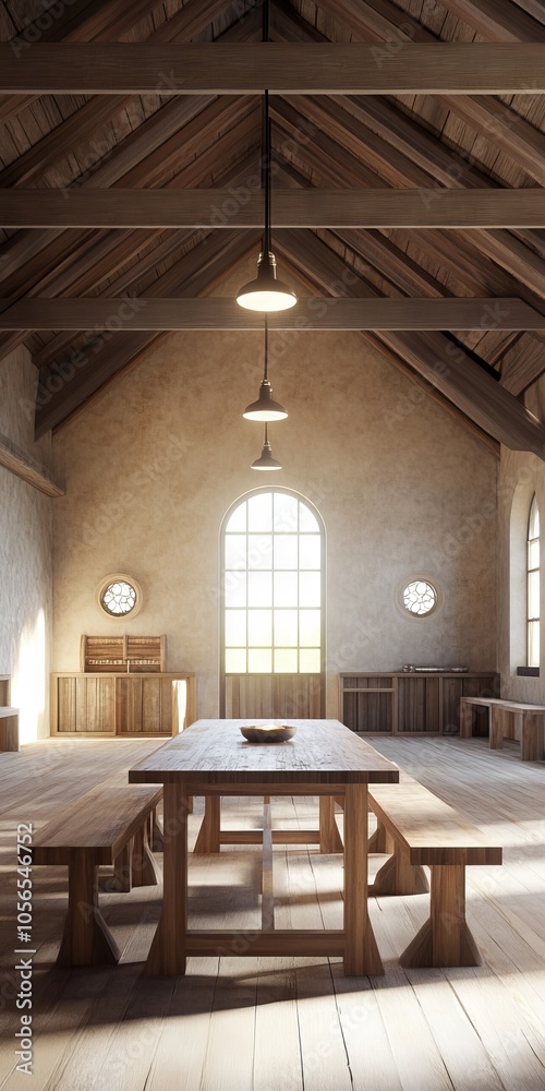 A spacious rustic dining hall featuring wooden furniture, high ceilings, and ample natural light streaming through large windows. A spacious rustic dining hall featuring wooden furniture, high ceilings, and ample natural light streaming through large windows.