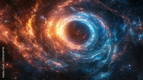 Vivid cosmic swirl of blue and orange around a black hole in space