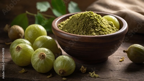 Fresh Amla Powder and Raw Avla on Rustic Wooden Table - Ayurvedic Supplement Concept
 photo