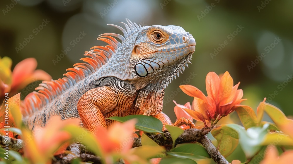 Naklejka premium Iguana perched on vibrant orange flowers in a lush environment