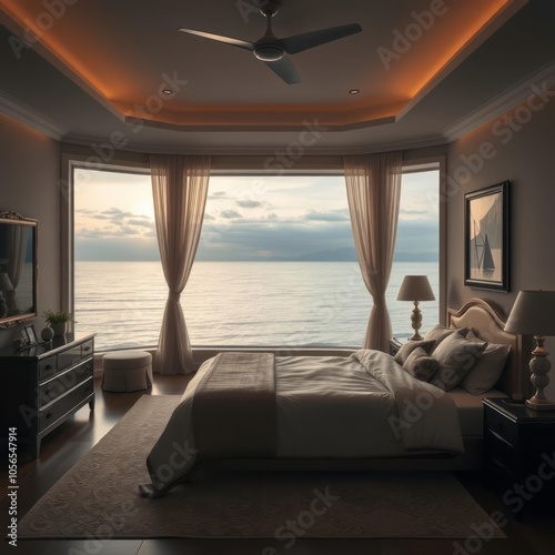 Luxurious bedroom, panoramic ocean view, floor-to-ceiling windows, warm ambient lighting, ceiling fan, cozy bed, elegant curtains, sunset sky, calm seascape, modern interior design, atmospheric, roman