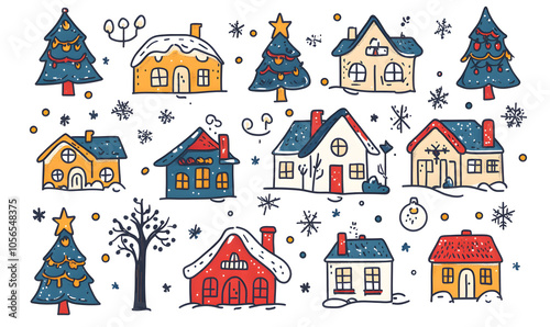 Joyful Christmas and New Year Collection: Santa, Festive Animals, Whimsical Decorations, Cozy Holiday Scenes, and Playful Winter Elements on White Background