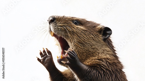 A beaver with its mouth open wide, showing its teeth and claws.