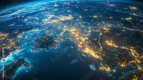 Coastal regions are brighter, indicating more data movement or connectivity through major ports and economic centers.