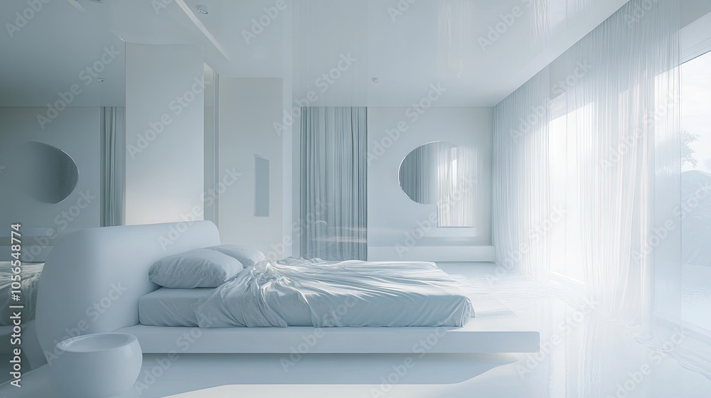 Minimalist white bedroom featuring a luxurious bed and elegant decor, a high-end design with ample customization space.