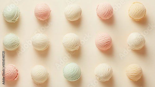 Minimalist ice cream display with assorted pastel scoops in a grid pattern on a neutral beige background, highlighting color and texture.