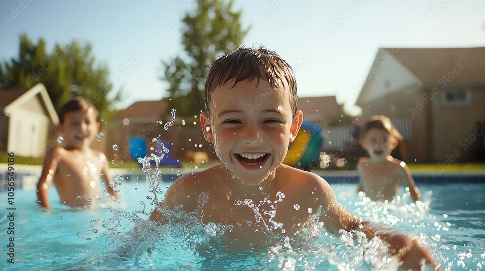 A joyful boy splashes water in a sunny backyard pool, surrounded by friends enjoying a fun summer day. A joyful boy splashes water in a sunny backyard pool, surrounded by friends enjoying a fun summer day.