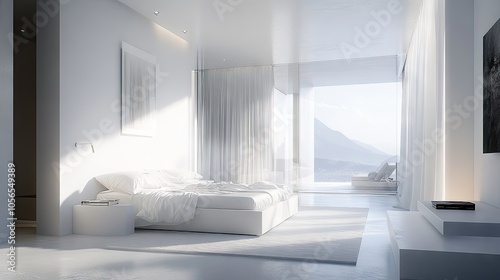 Modern white bedroom with simple furniture, luxury bedding, and a serene ambiance, perfect for upscale interior themes.