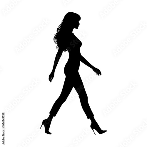 Vector illustration. Silhouette of a girl on a white background. On heels goes sideways.