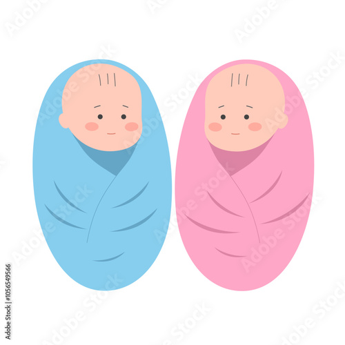 Cute boy and girl twin newborn babies in flat design on white background.