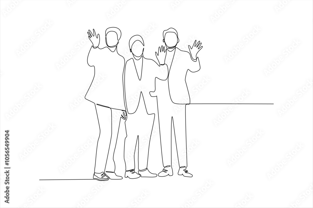 A simple line drawing of three people waving, conveying a friendly greeting. A simple line drawing of three people waving, conveying a friendly greeting.