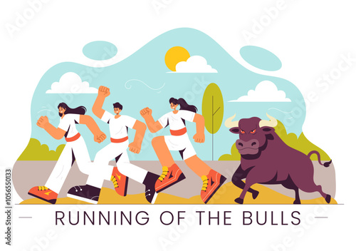 Running of the Bulls Vector Illustration featuring a Bullfighting Competition and Bulls Chasing in an Arena with a Flat Style Cartoon Background