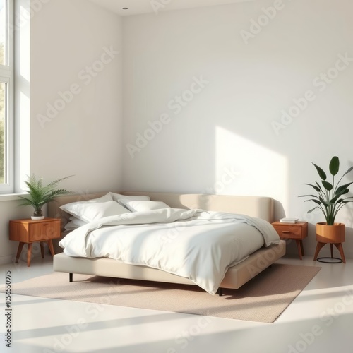 A calming corner of a modern master bedroom with natural light and minimalist decor featuring soft white tones and greenery for relaxation master bedroom Ultra realistic  photo