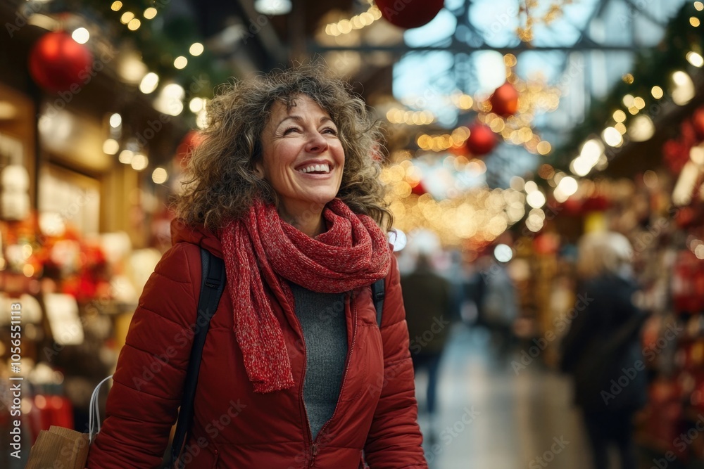 Fototapeta premium Happy smiling middle aged woman in winter clothes at street Christmas market in Paris 